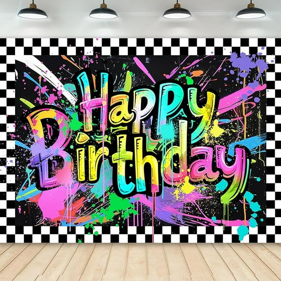 Neon Happy Birthday Backdrop Photography Glow in The Dark Colorful Graffiti Kids Cool Splash Paint Black Plaid Background Boys Men Party Decorations Banner Photo Booth Props Supplies