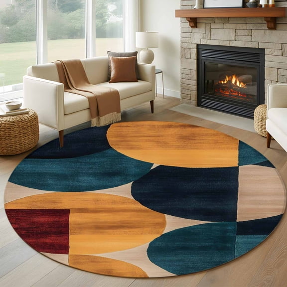 Navy Blue Boho Orange Round Rug 5ft Washable Circle Kitchen Rugs Non Slip Geometric Circle Abstract Art Large Area Rug Indoor Floor Carpet for Bedroom Living Room Home Office Dining Room Nursery