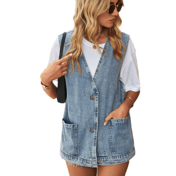 LYMAYTER Denim Vest for Women's Loose Fit V Neck Button Front Casual Sleeveless Jackets with Pockets