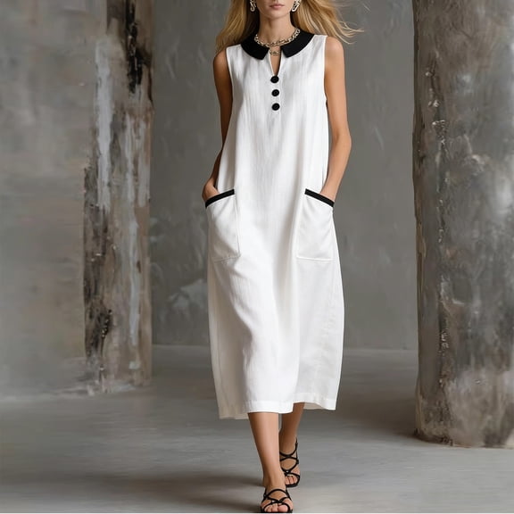 Qulqfy Sleeveless Summer Dresses for Women Solid Cotton Maxi Dressy Square Neck Flowy Button Down with Pockets Spring Vacation Sundress L