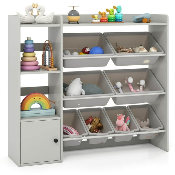 Costway Kids Toy Storage and Bookshelf, Wooden Bookcase with 4 Small Boxes & 4 Large Boxes Gray