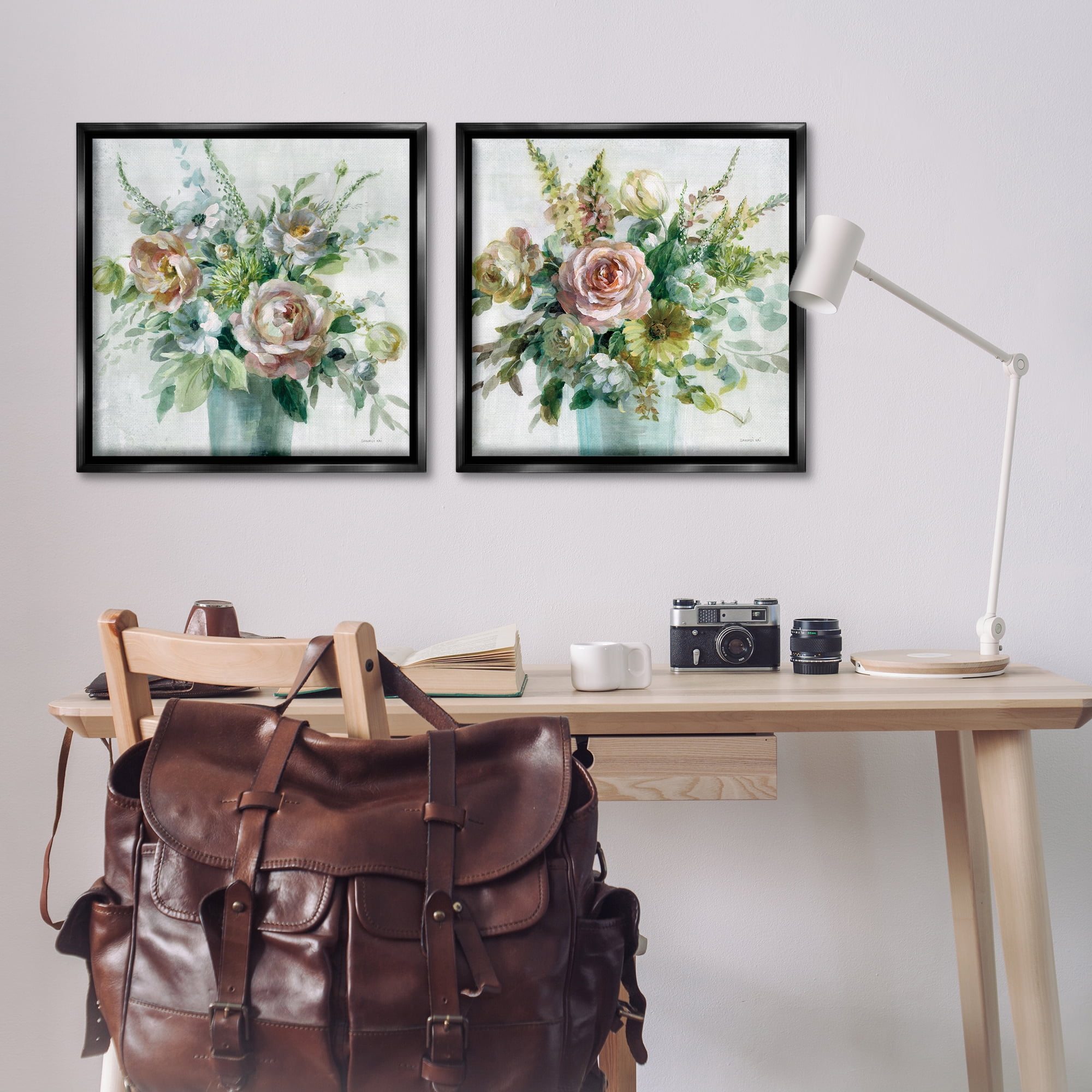 Stupell Industries Sage Peach Still Life Florals Plants & Flowers Painting Black Floater Framed Canvas Art Print Wall Art, 25 x 25, Set of 2