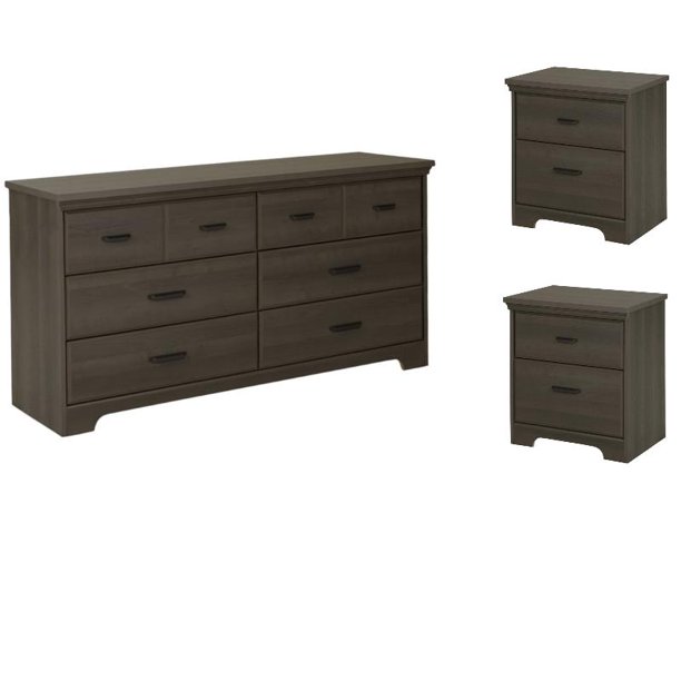 Home Square 2 Piece Set with 6 Drawer Dresser and 2 Nightstands in Gray