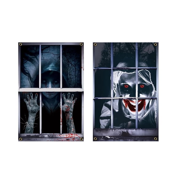 Halloween Window Door Cover Set 2 Piece Hanging Backdrop Cloth Horror Ghost Scene Decoration for Outdoor Indoor Use