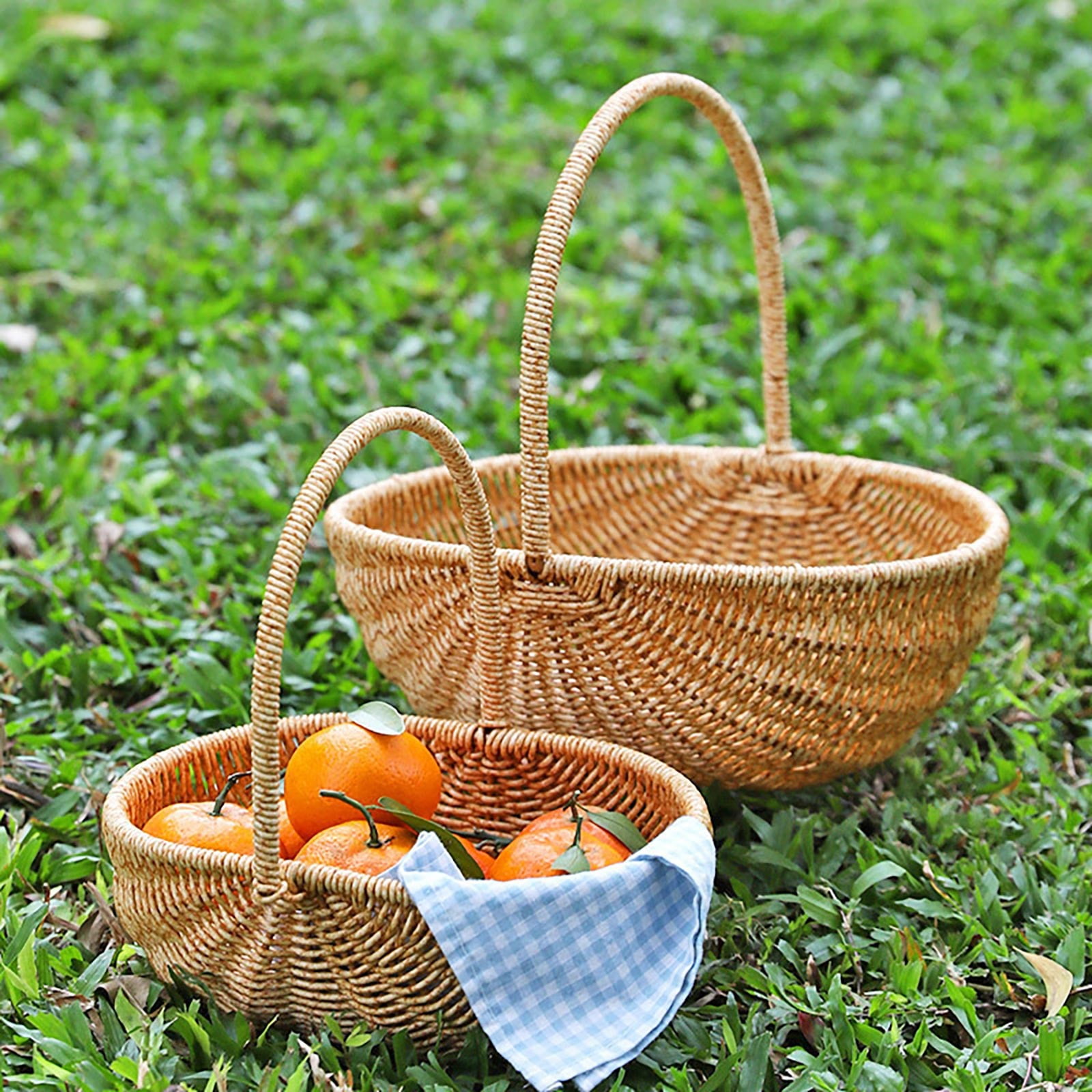 TXYRDXK Rattan Picnic Basket with Handle, Wicker Woven Storage Basket for Fruits, Vegetables, Snacks, Home Decor, Outdoor Use (11.61x9.25x11.42inch)