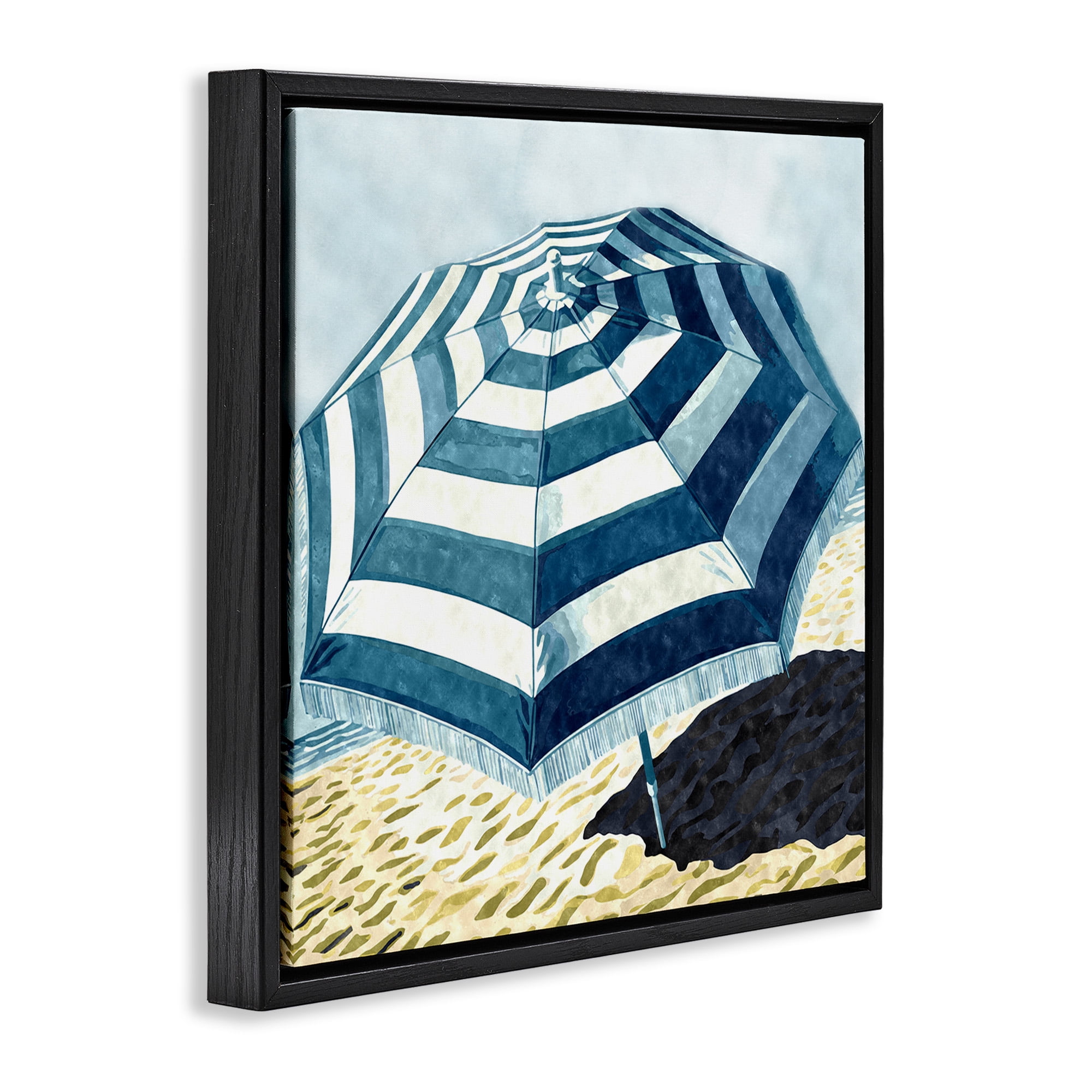 Stupell Industries Striped Beach Umbrella Landscape Painting Black Floater Framed Canvas Art Print Wall Art, 18 x 18