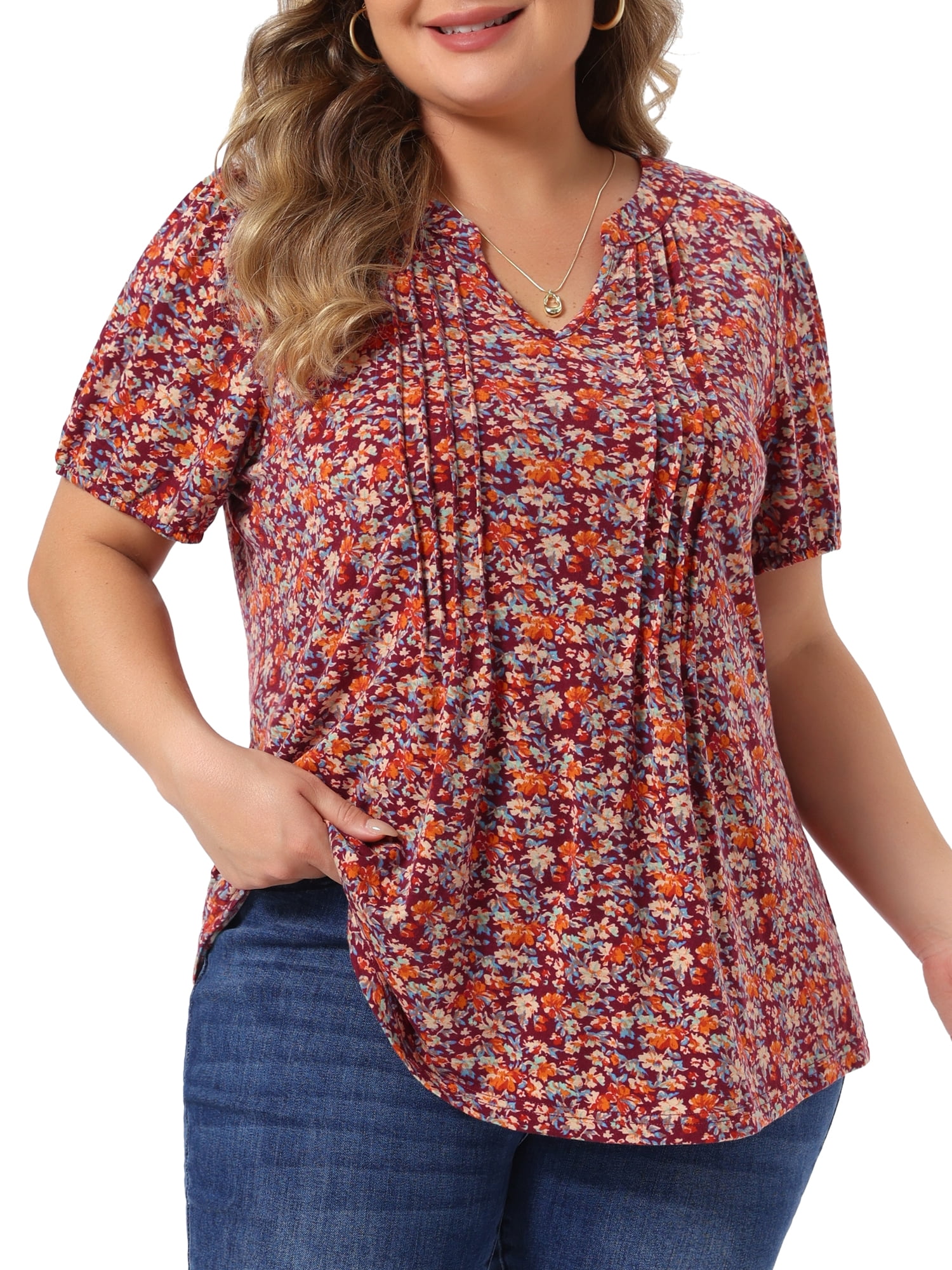 DARING DIVA Women's Plus  Pleated T-Shirts Notched V Neck Floral Tops 2X Wine Red