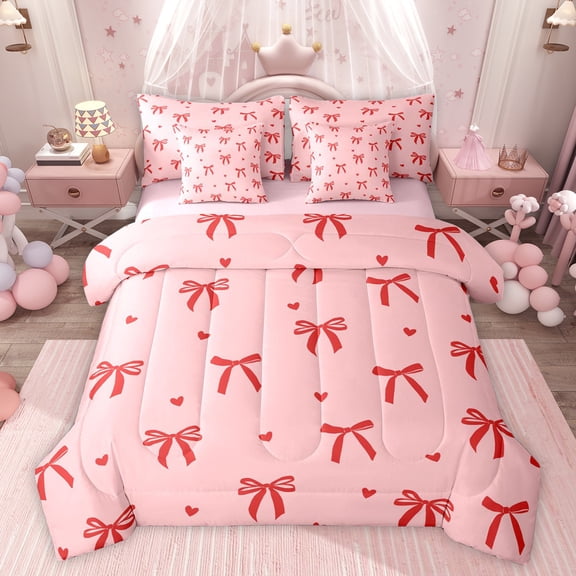 Feelyou Fashion Bowknot Kids Twin Bedding Sets 7-Piece, Kawaii Cartoon Bow-tie Bedding Comforter Set, Cute Love Heart Reversible Sheet Sets, Microfiber Bedroom Decor