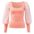 thumbnail image 7 of Arlun,Elegant Lace Splicing Long Sleeve Shirts for Women Trendy Plain Dotst Printed Sheer Puff Sleeve Fall Thin Tshirts Women's Elastic Slim Fit Soft Comfy Tops Pink XXL, 7 of 7