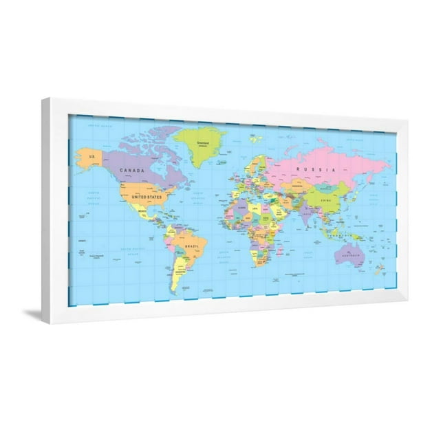 Colored World Map - Borders, Countries and Cities - Illustration Framed ...