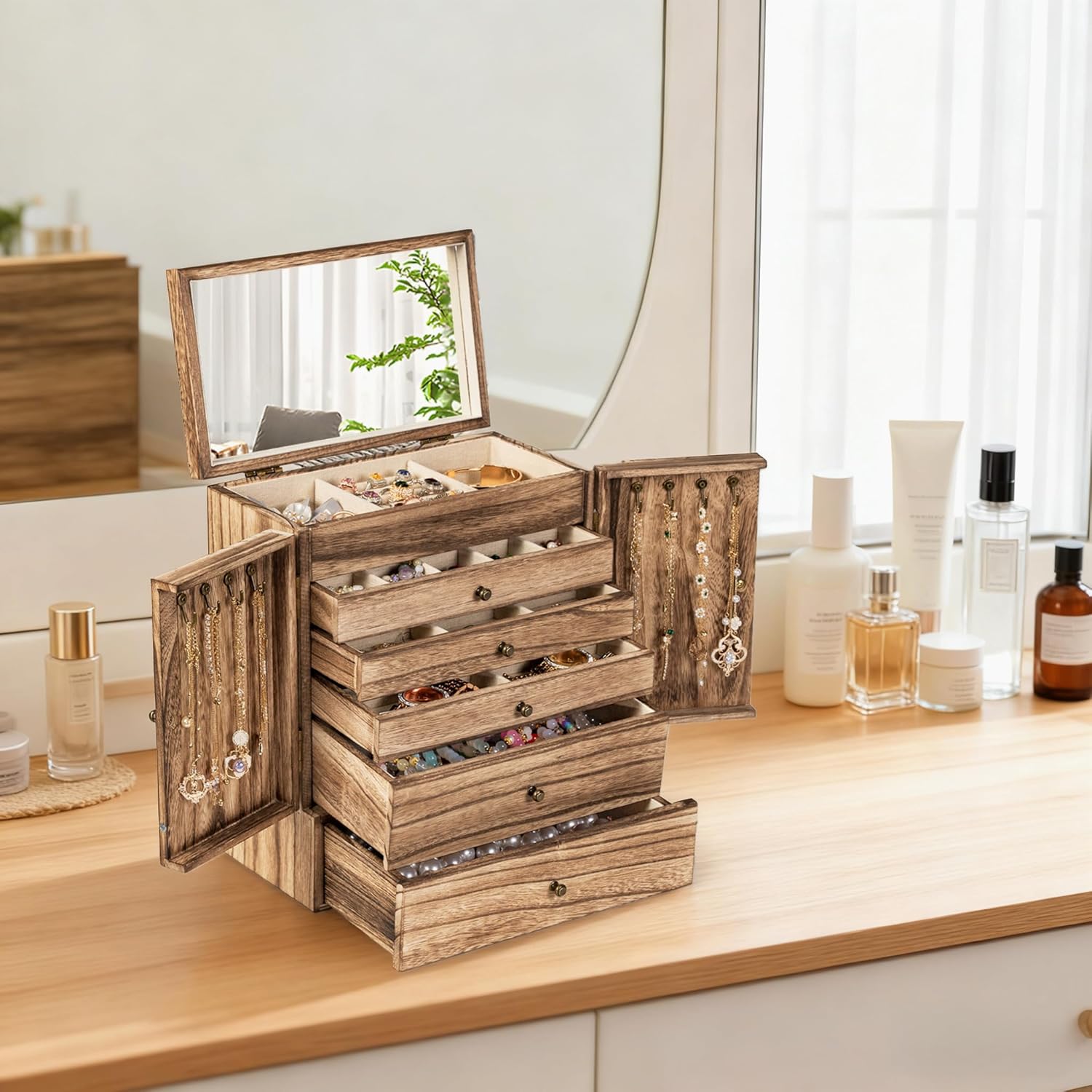 Sfugno Jewelry Box,  6-Tier Large Wooden Jewelry Organizer Boxes for Women, Wood jewlery Storage Display for Rings Earrings Necklaces,Brown