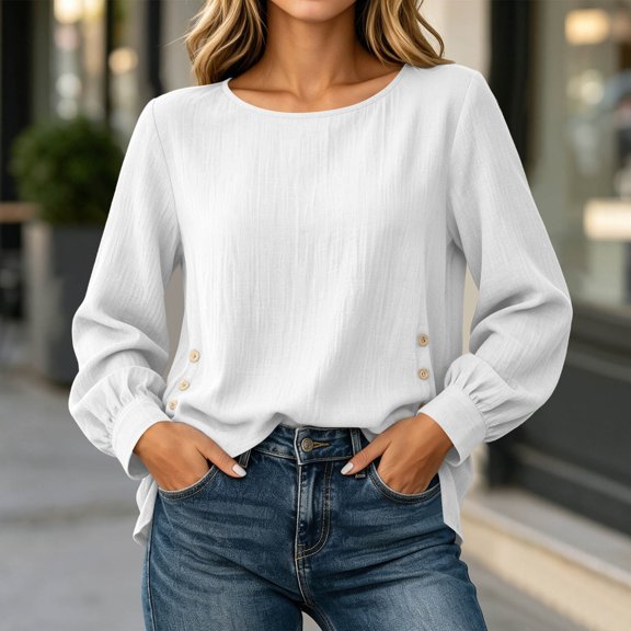 tarylea Tops for Women Trendy Long Sleeve Scoop Neck Button Slit Hem T-Shirts Casual Loose Fall Plain Tops