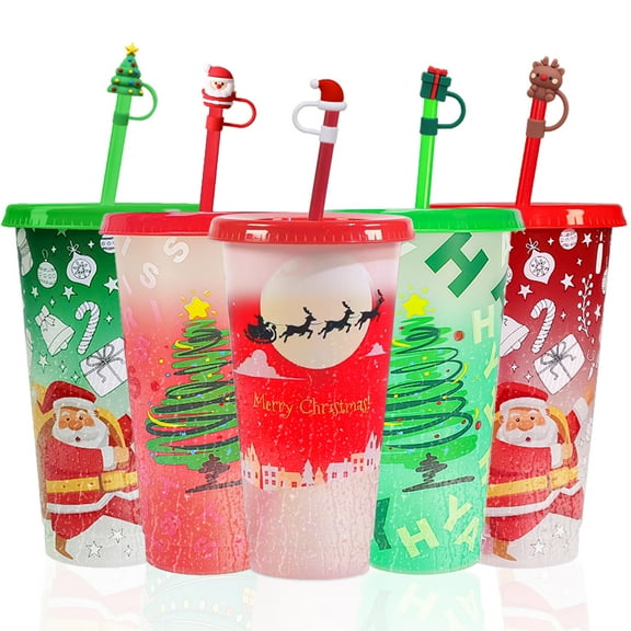5 Pcs 24 oz Christmas Color Changing Plastic Cups with Lids and Straws, Reusable Spill-Resistant Christmas Party Cups for Iced Coffee, Tea, and Holiday Beverages