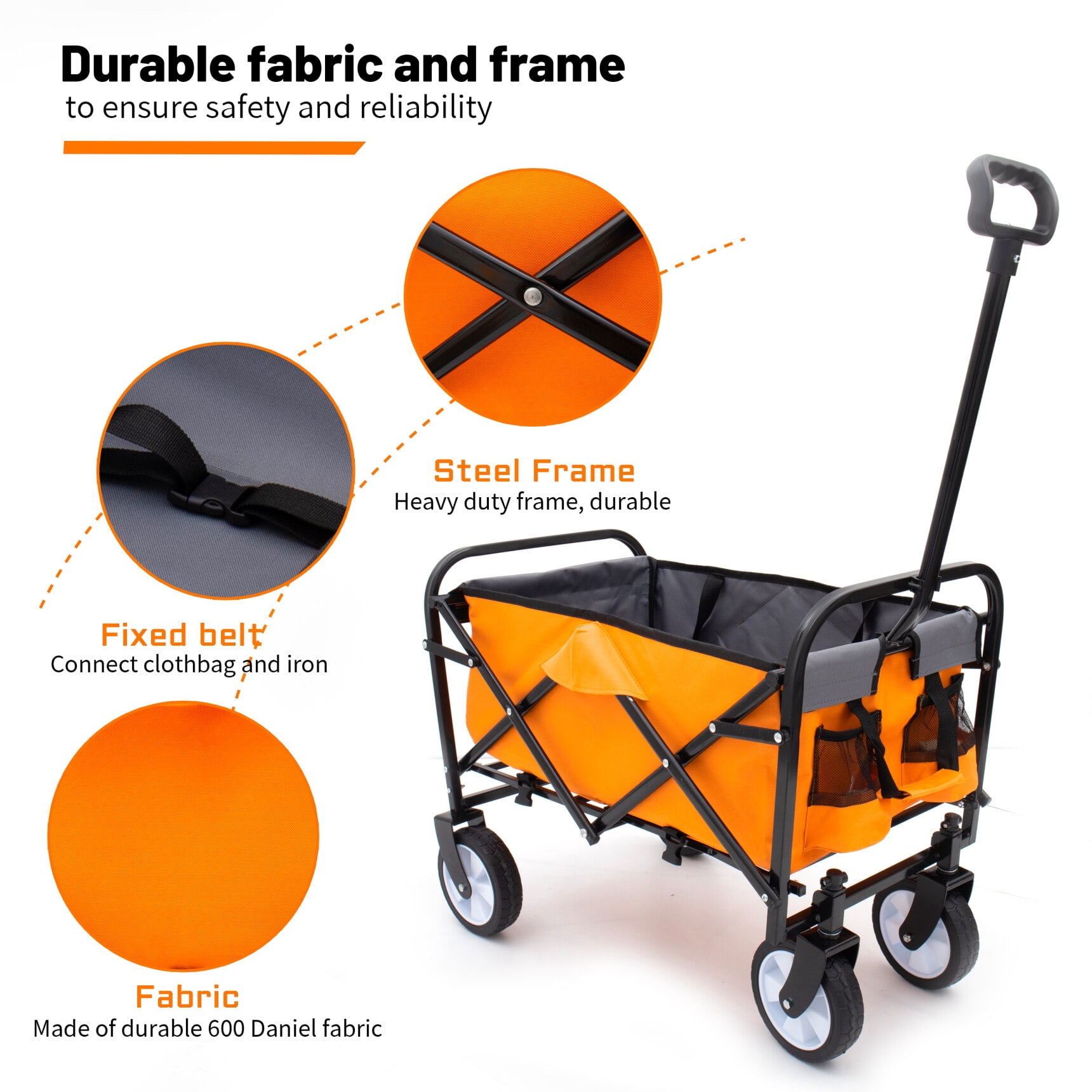 Utility Wagon Cart Foldable with Strapping System, Heavy Duty 225lbs Capacity, Lightweight Collapsible Design, Utility Cart, beach wagon with 360° Swivel Wheels for Beach, Camping, Shopping, Orange