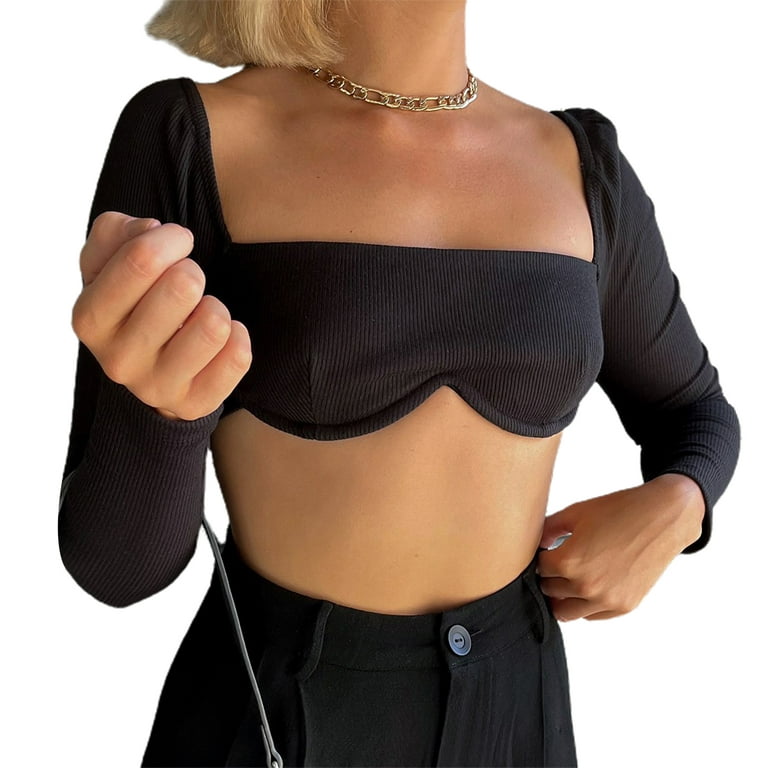 Binpure Women's Long Sleeve Square Neck Ribbed Crop Top Tee Shirts 