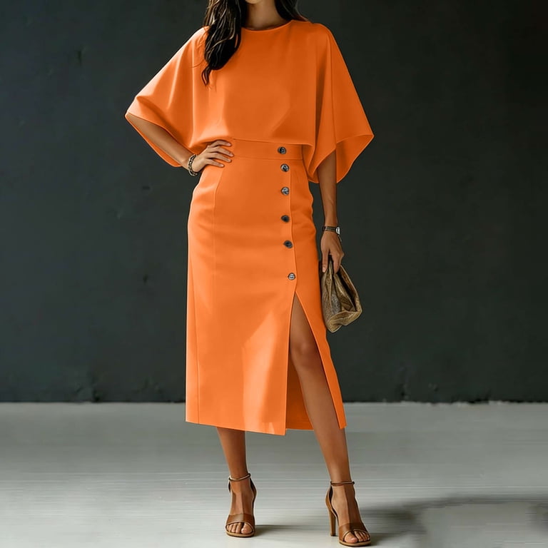 asdoklhq Midi Dresses for Women Wedding Dresses for Bride Business Casual Women Elegant Orange Two Piece Set Batwing Sleeve High Waist Slit Midi Skirt Casual Office Business Formal Outfit Orange 2X