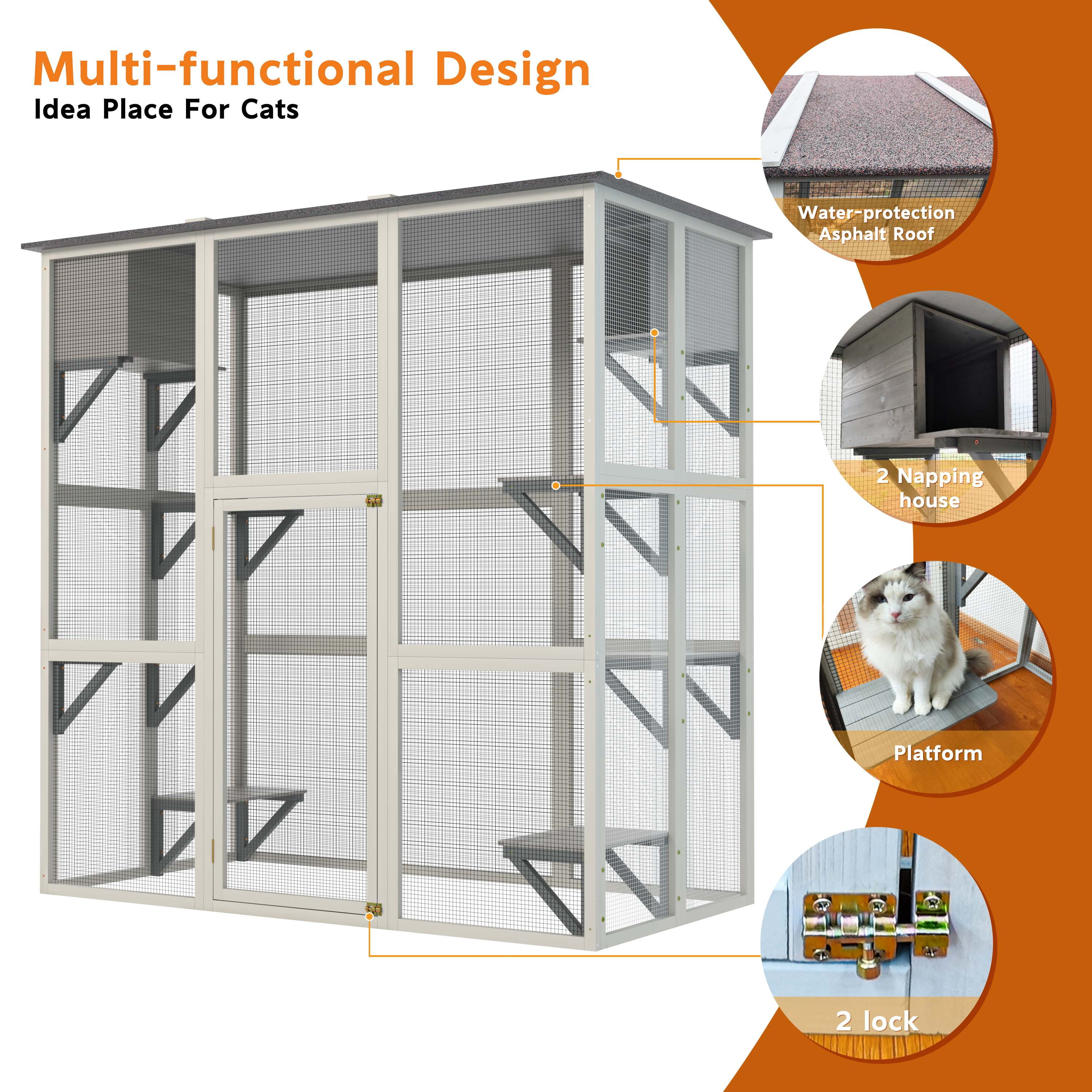 Catio Outdoor Cat Enclosure, Large Wood Cat House for Multiple Cats, Walk in Kitty Cage with 6 Platforms & 2 Resting Boxes, Outdoor Cat Shelter Enclosure with Waterproof Roof