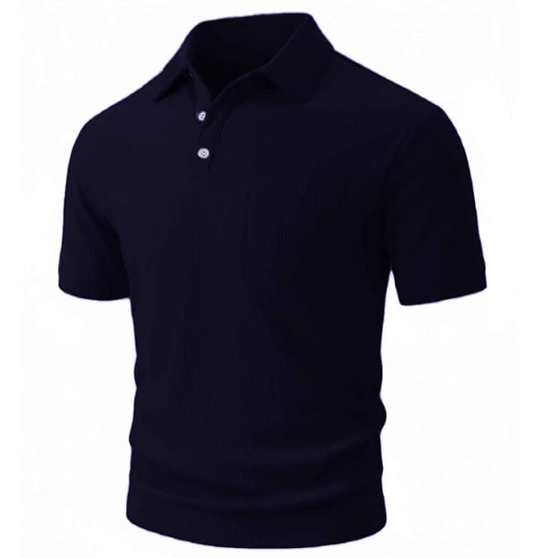 Ceisia Men's Slim Fit Short Sleeve Polo Shirt Solid Color Vertical Stripe Knit with Chest Pocket Navy M Gifts