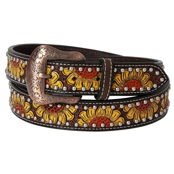BE BAR H EQUINE Sunflower Floral Hand Painted Western Leather Men And Women Belt Brown