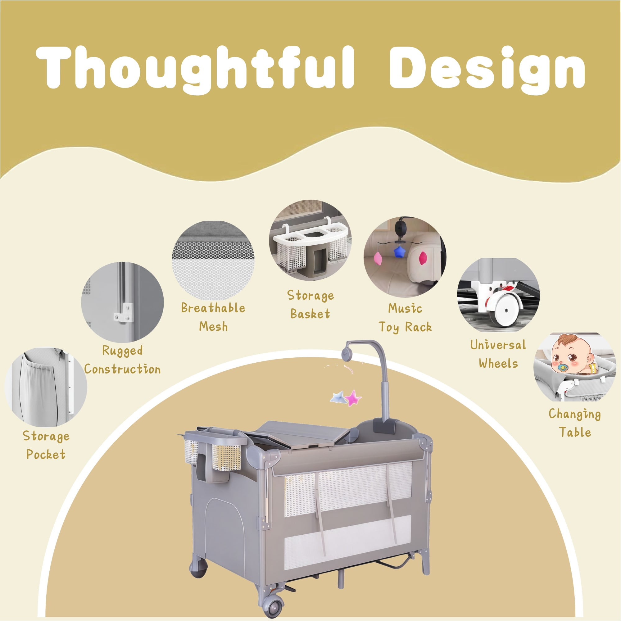 Unisex Nursery Center Portable Baby Play Yard Folding Playpen with Bassinet,Changing Table,Wheels,Elevated Mosquito Net for Newborn,Four-Panels
