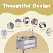 Unisex Nursery Center Portable Baby Play Yard Folding Playpen with Bassinet,Changing Table,Wheels,Elevated Mosquito Net for Newborn,Four-Panels