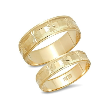 His and Hers 14K Solid Yellow Gold Matching Snowflake Design Wedding Band Ring Set