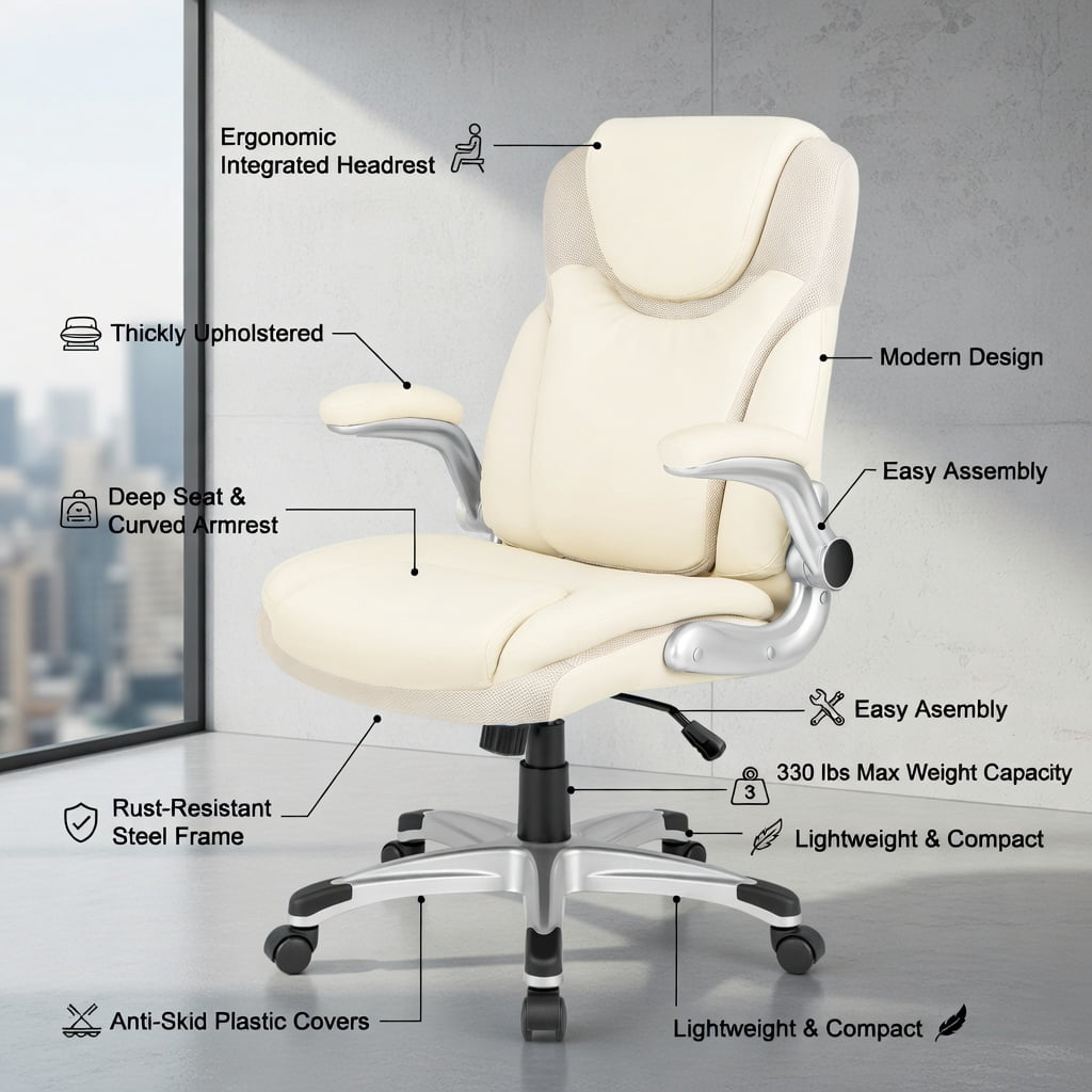Demi Bonn Ergonomic Office PU Leather Executive Chair with Flip-up Armrests and Rocking Function, for Home, Bedroom, Study, White