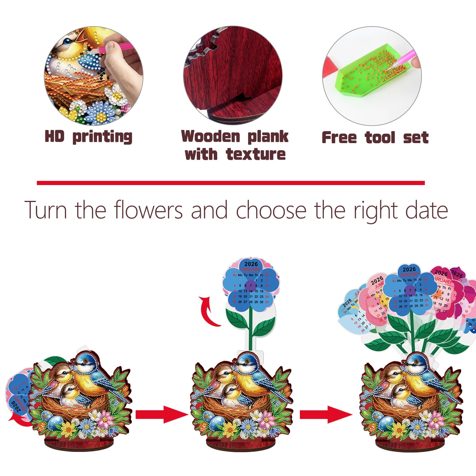FLOPESN 2026-2027 Wooden Desktop Calendar DIY Diamond Art Painting Kits,Creative Design PVC Insert Home Decor Ornament-Bird