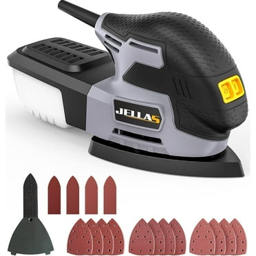 JELLAS Electric Detail Sander, 220W Compact Sander Machine for Wood, 13,000 RPM Sanders with Dust Collection, 16PCS Sandpapers, Finger Sanding Attachment and Sanding Pad Included