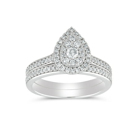 1/2 cttw Halo Pear Shape Diamond Bridal Ring Set (I-J, I2-I3) in 10K White Gold for Engagement and Wedding