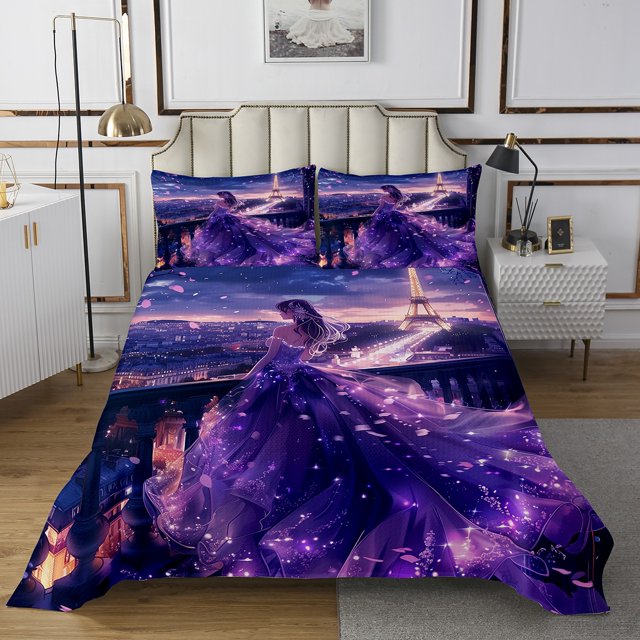 Erosebridal Eiffel Tower Coverlet Set King,Anime Princess Bedding Set,Romantic Room Decorative,3pcs
