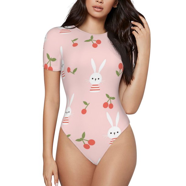 Fotbe Rabbit And Cherry Body de Mujer con Cuello Redondo y Mangas Cortas, Sin Mangas Ajustado, Suave, Cómodo y Básico-X-Large