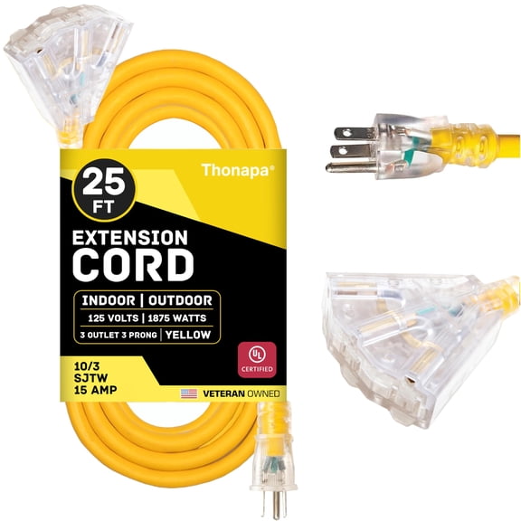 Thonapa 10 Gauge Extension Cord 25 Ft with 3 Outlets, 10/3 Heavy Duty Extension Cord with Multiple Outlets 3 Prong, SJTW Weatherproof Industrial Outdoor Electric Cable Yellow for Major Appliances