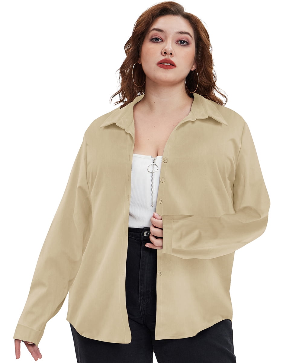 TIYOMI Plus Size Women's Long Sleeve Blouses 2X Beige Solid Color Tops