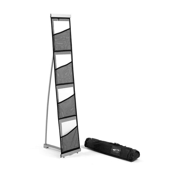 Vispronet Mesh Brochure Holder - 0.9ft x 4.6ft Portable Literature Stand with 4 Pockets & Carrying Bag, Collapsible Literature Rack For Businesses, Standing Brochure Holder, Vendor Booth Supplies