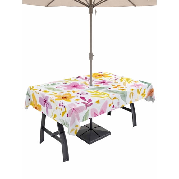 52x70 Inch Outdoor Tablecloth with Umbrella Hole Zipper Rectangle Boho Summer Floral Rectangular Tablecloths Waterproof Pink Yellow Wildflowers Leaves Rustic Patio Table Cloth Cover for Picnic Party
