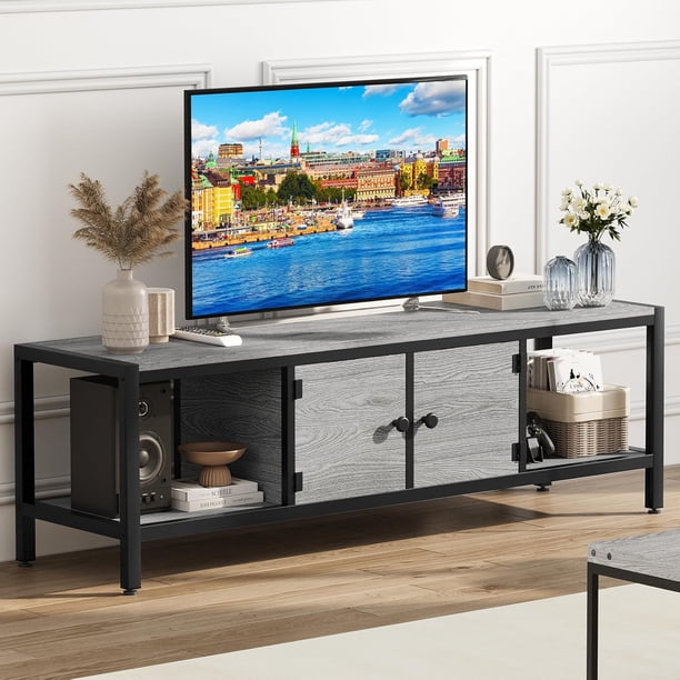 58-pulgada mesa de TV dormitorio - rural TV gabinete con almacenamiento, suitable tvs up to 65 pulgadas, de madera mesa de TV con abiertos almacenamiento estantes sala de estar, rustic gris