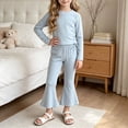 thumbnail image 2 of Pandaie Girls Drawstring Crop Blous Top Flare Pants 2 Piece Set Solid Color Stretch Long Sleeve Casual Fashion Tracksuit Blue,7-8 Years, 2 of 6
