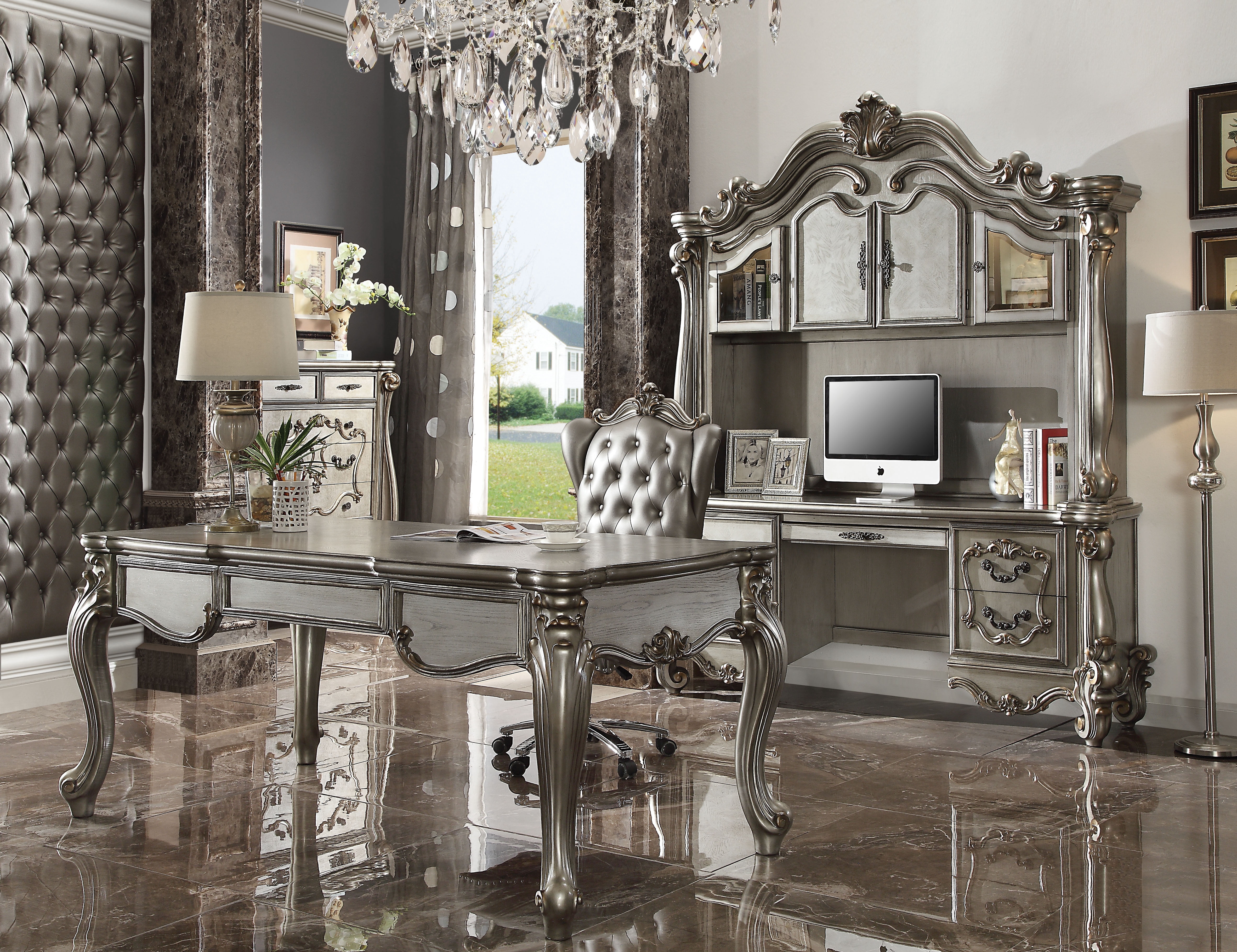 ACME Versailles Executive Computer Desk w/Hutch, Antique Platinum