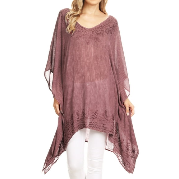 Sakkas Regina Women's Lightweight Stonewashed Poncho Top Blouse Caftan Cover up - Fuchsia - One Size