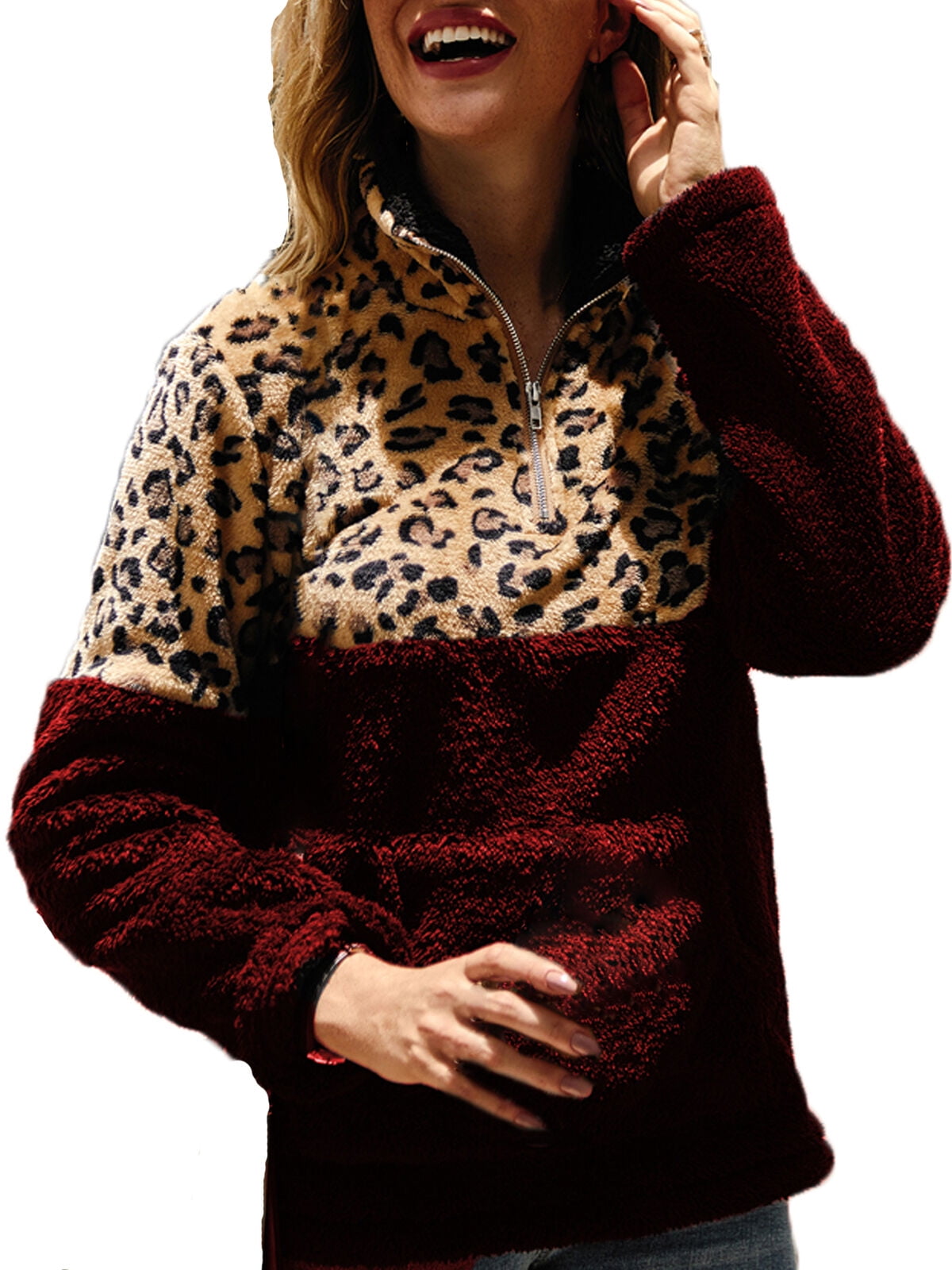 Eyicmarn Women Winter Warm Leopard Print Fleece Pullover Tops Coat