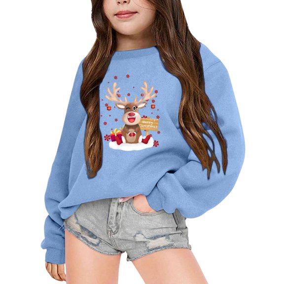 Gunia Toddler Girls Sweatshirts Autumn Winter Long Sleeved Christmas Elk Printed Crewneck Warm Coat Hoodie Sweatshirt For Boys Girls