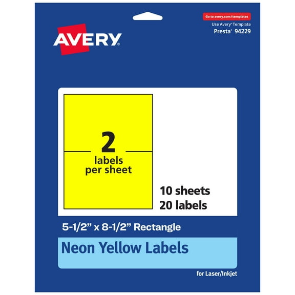Avery Printable Rectangle Labels, Neon Yellow, 5.5" x 8.5", 20ct