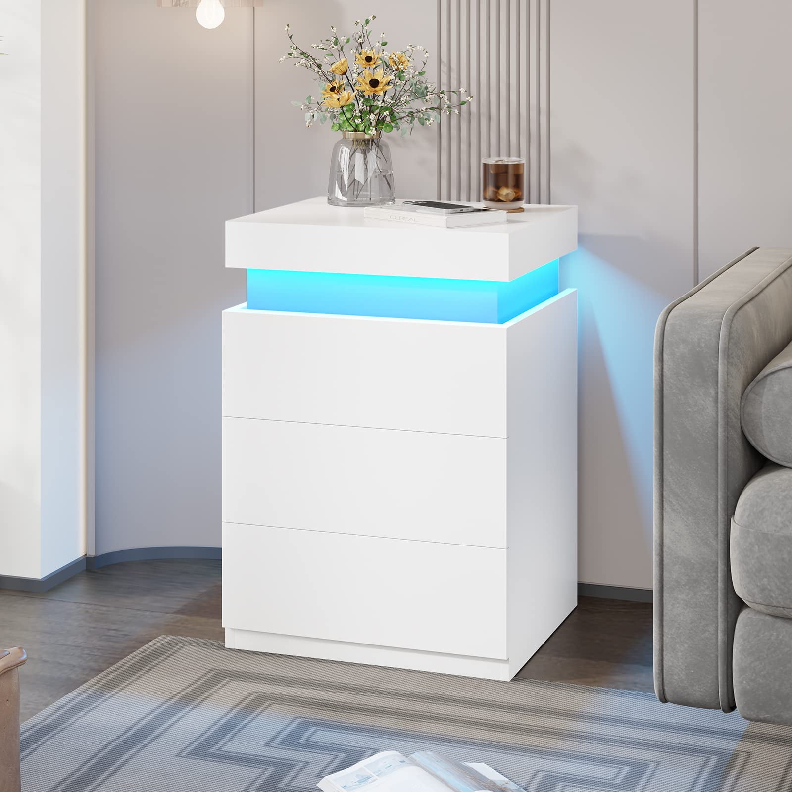 Nightstands Set of 2, Nightstand with Charging Station and RGB LED Light ,Bedside Table with 3 Drawers and Sliding Top,Modern End Side Table (White)