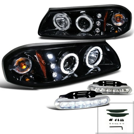 Spec-D Tuning For 2000-2005 Chevy Chevrolet Impala Halo Piano Black Projector Headlights + Led Fog Lamps (Left + Right) 2000 2001 2002 2003 2004 2005