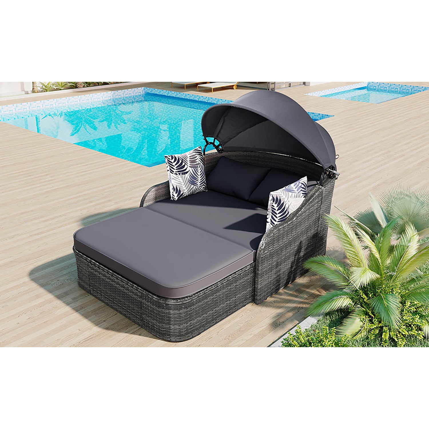 Kadyn 79.9" Outdoor Sunbed, PE Rattan Daybed with Adjustable Canopy, Double Lounge for Patio, Gray Kadyn 79.9" Outdoor Sunbed, PE Rattan Daybed with Adjustable Canopy, Double Lounge for Patio, Gray