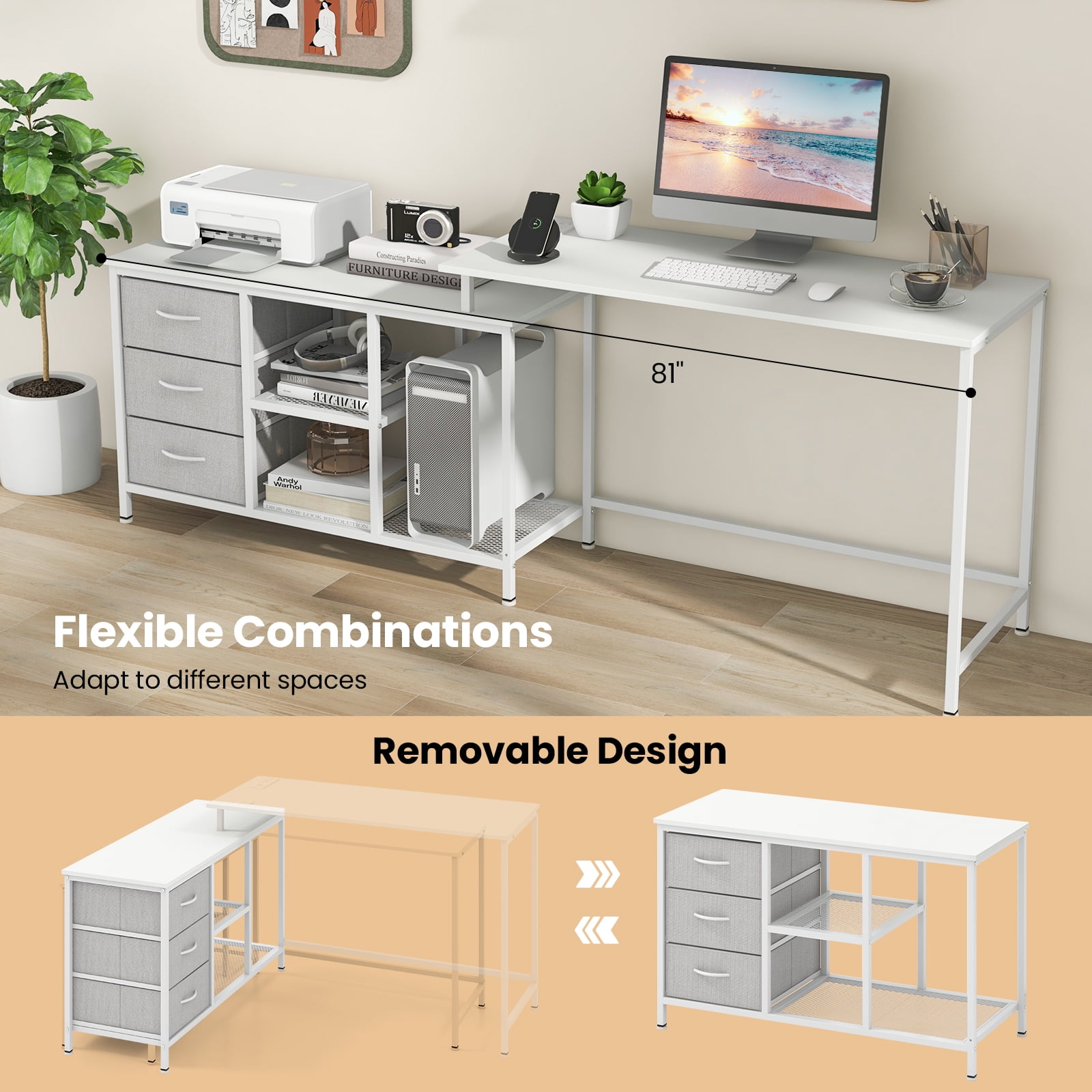 Topbuy L-Shaped Computer Desk with Drawers & Shelves 81” Convertible Home Office Desk with Charging Station White
