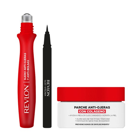 Revlon - Delineador ojos con pegamento negro, parche antiojeras de colágeno y Roll-On Antiojeras