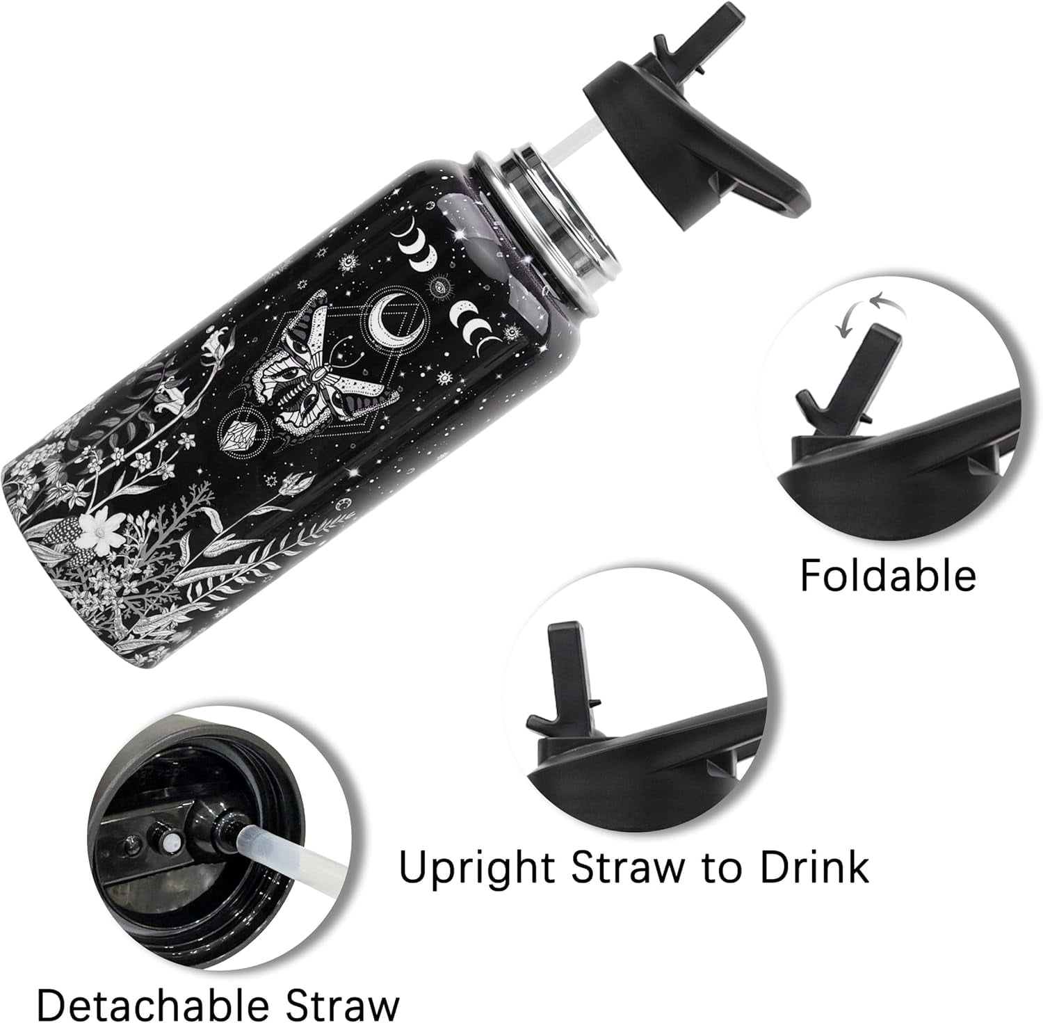Insulated Water Bottle 32 oz, Cat Water Bottle with Straw and Lid, Reusable Leakproof Water Bottle Stainless Steel, Cat Lover Gifts for Women