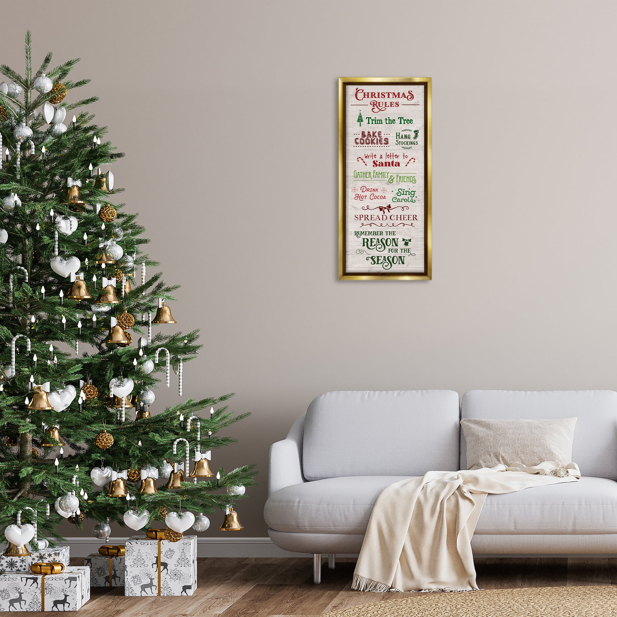 Stupell Industries Rustic Christmas Rules Holiday Painting Gold Floater Framed Canvas Art Prints Wall Art, 15 x 31